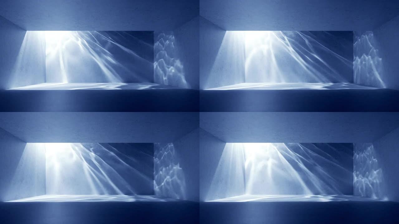 游泳池内的动画3d水，眩光和阳光穿过液体表面。水下苛性效应