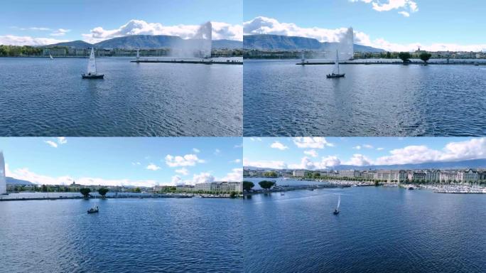 在瑞士日内瓦湖的喷泉上进行空中射击
