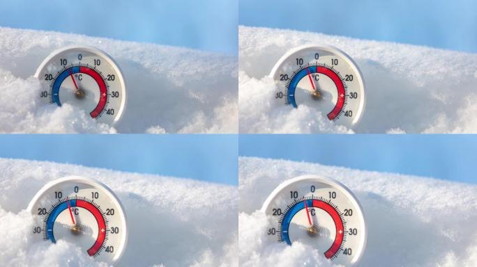 雪中的室外温度计显示温度升高4k延时