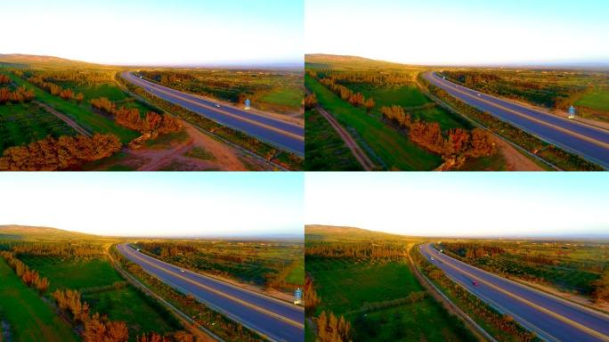 日落时用高速公路的无人机进行空中射击