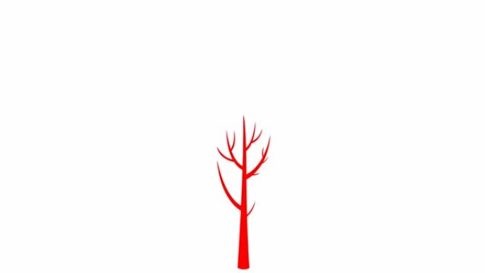 树逐渐长大，叶子出现在树枝上。红色符号。生态、生命的概念。孤立在白色背景上的平面矢量插图。