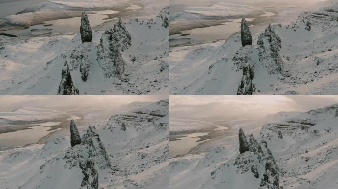 冬天被雪覆盖的Storr的空中无人机视图