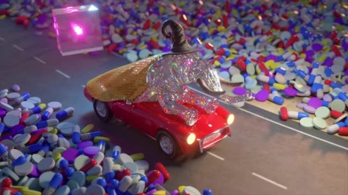 一只戴着分拣帽子的钻石大象在一辆红色的汽车上骑着五颜六色的药丸。飞行水晶立方体。