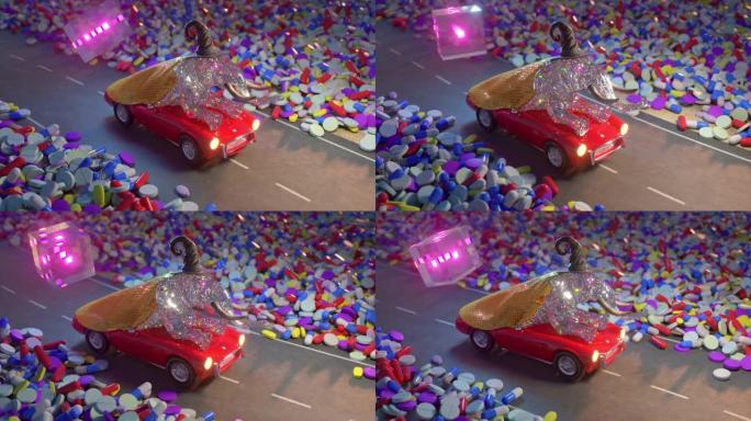 一只戴着分拣帽子的钻石大象在一辆红色的汽车上骑着五颜六色的药丸。飞行水晶立方体。