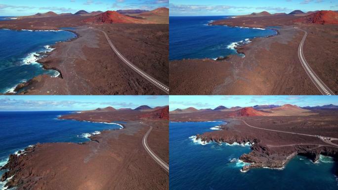 火山兰萨罗特岛风景。Los Hervideros洞穴，悬崖和红山的空中无人机视频。热门旅游目的地加那