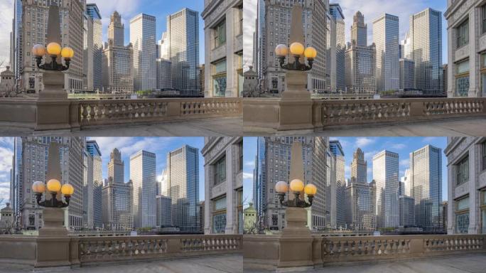 阳光在芝加哥建筑物上移动的延时视频