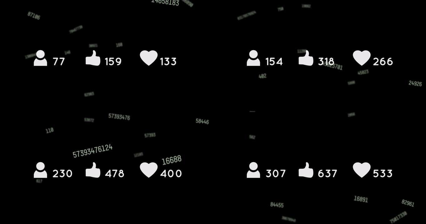 社交媒体图标和数字的动画落在黑色背景上