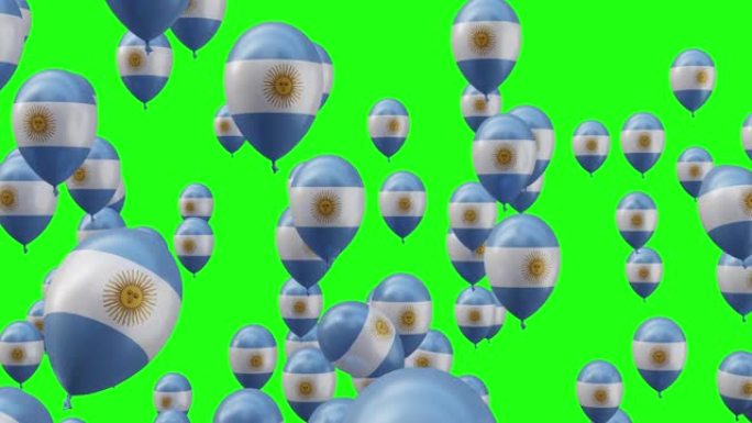 阿根廷国旗氦气球，从下到上飞行，在绿屏背景上隔离，4k视频元素