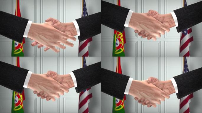 葡萄牙和美国的合作伙伴商业协议。国家政府旗帜。官方外交握手说明动画。协议商人握手