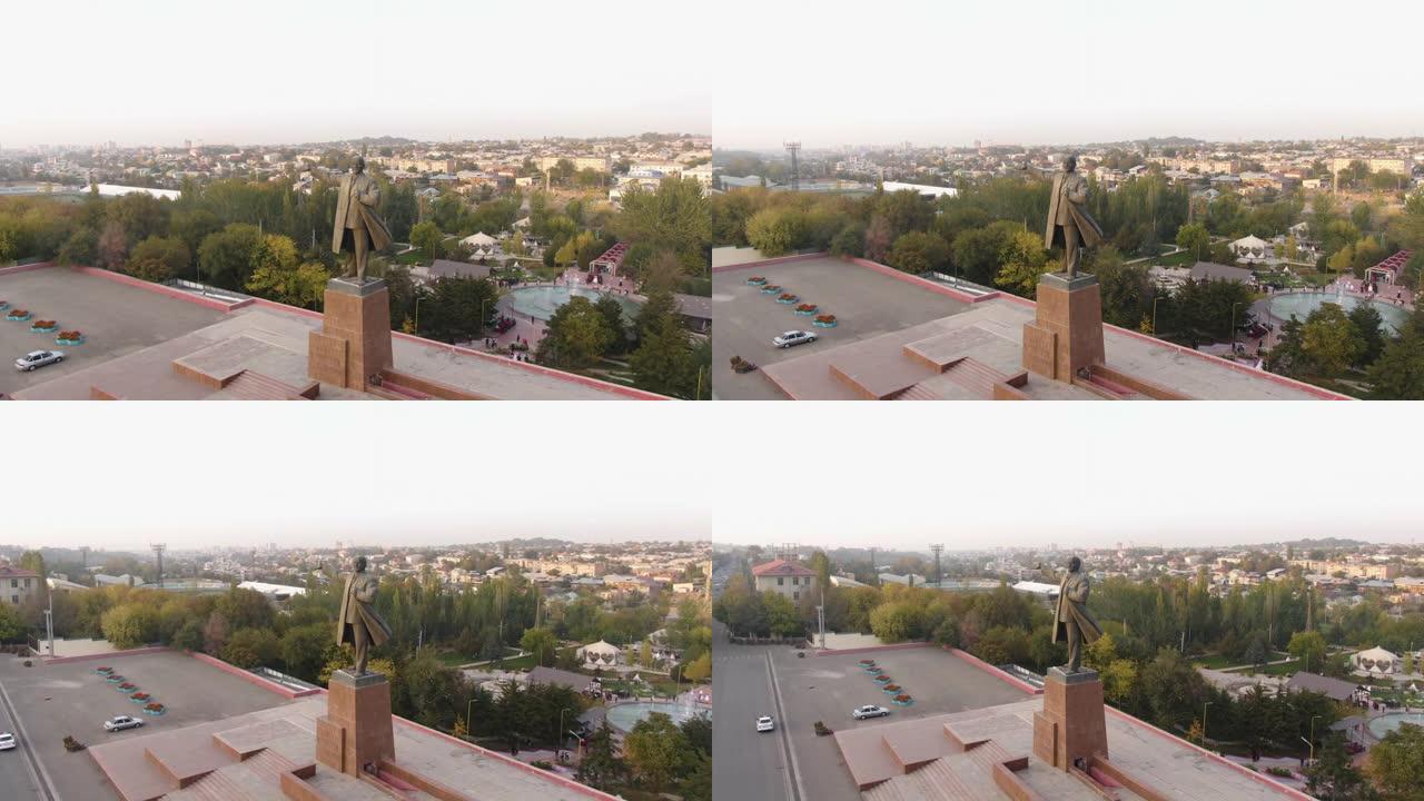 奥什市中心广场鸟瞰图与弗拉基米尔·列宁纪念碑