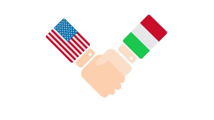 美国(美国)和意大利握手，政客会面或合作的概念相关的2D卡通动画，孤立在白色背景上