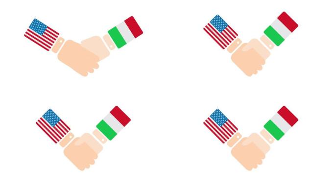 美国(美国)和意大利握手，政客会面或合作的概念相关的2D卡通动画，孤立在白色背景上