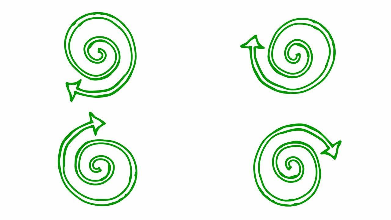 螺旋箭头旋转的动画图标。绿色符号旋转。循环视频。手绘矢量插图孤立在白色背景上。