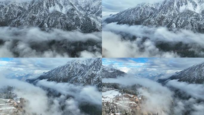 空中无人机视图日出风景，早晨雾和雪在童话草甸国家公园与拉赫希奥特冰川在南加帕尔巴特山，喀喇昆仑山，喜