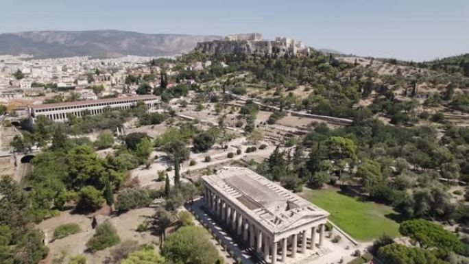 希腊雅典的古罗马集市遗迹; 空中回撤上升