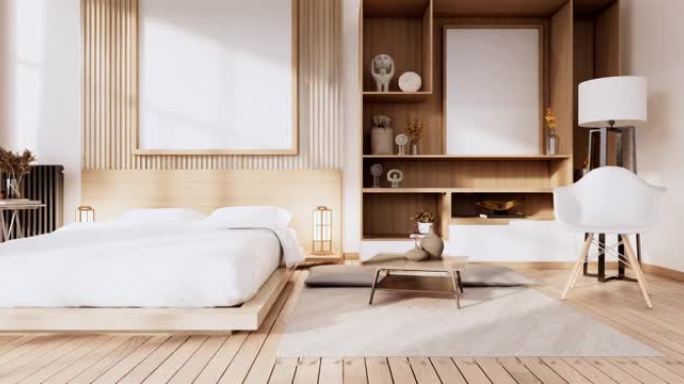 迷你床房，日本简约风格。3d渲染