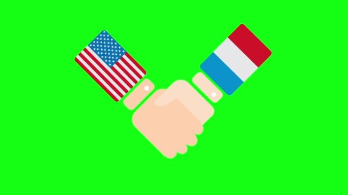 美国(美国)和法国握手，有关政客会面或合作的概念2D卡通动画，孤立在绿色屏幕背景上