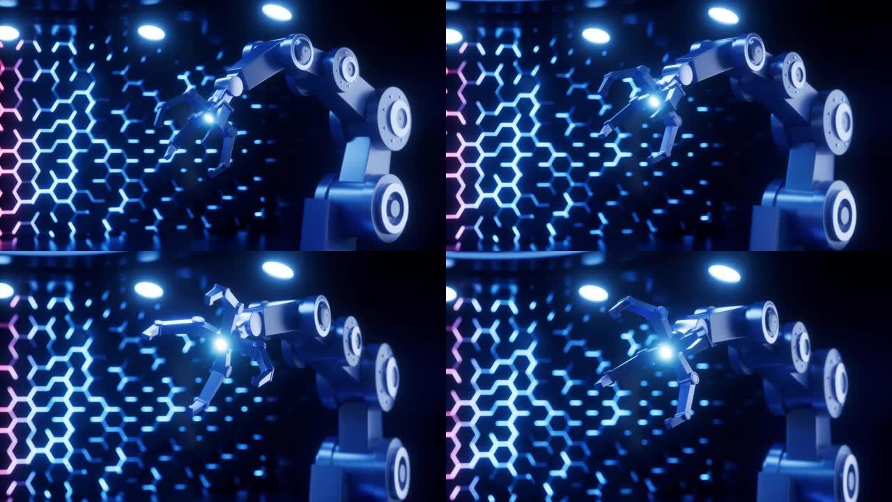 霓虹灯背景中的旋转机械臂，3d渲染。