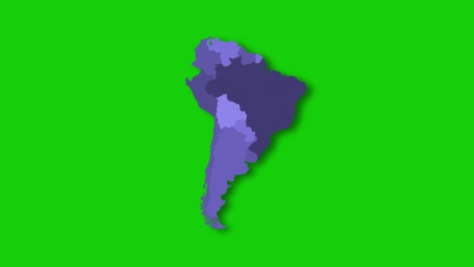 南美洲的政治地图以绿色屏幕或色度键背景隔离的蓝色出现和消失。显示不同国家的南美洲地图。大陆地图。