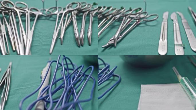 一套手术器械。镊子，手术刀，锯子，截肢刀，显微外科钳和夹子，腹铲，钩，针。