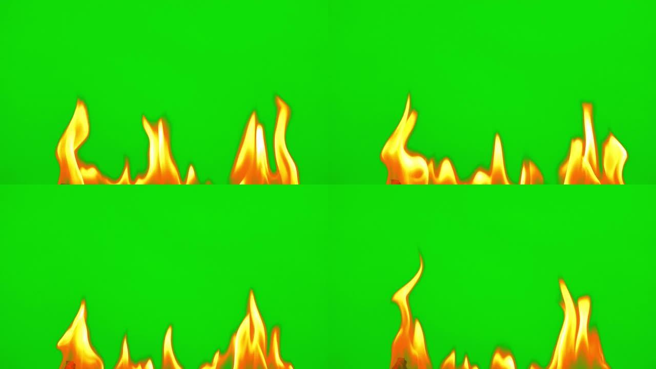 绿色屏幕上的火火焰概念，慢动作视频上的红色黄色绿色背景上的火燃烧燃料，高温下的热火焰和热能动力，创意