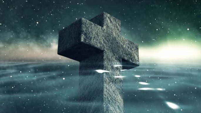 十字架符号在海中被细波击中的3D动画