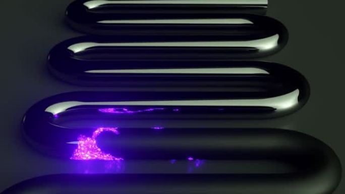 紫色霓虹灯颗粒通过黑色光泽管移动。化学反应。从光泽变为哑光。3d动画