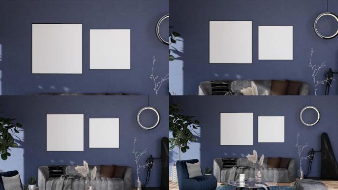 现代室内家具齐全的房间背景、客厅中的模拟海报框架