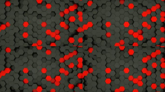 随机波动运动中的黑色和红色六边形模块。3D渲染。
