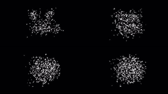 3D示意图鸡群蝴蝶在带有Alpha通道的黑色背景上混乱地移动。群体混沌的科学测绘。广告的抽象节日背景