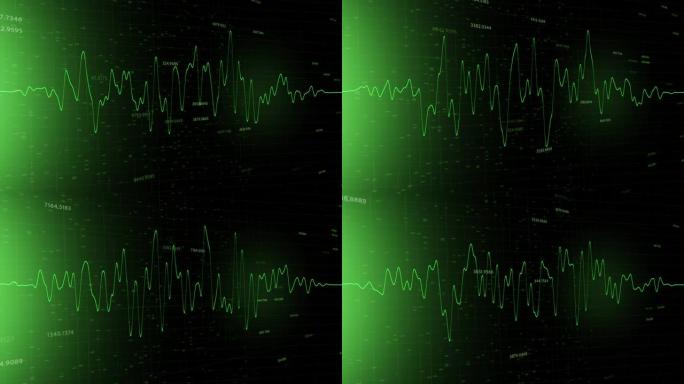 计算机屏幕运动背景上带有数字的绿色曲线图。