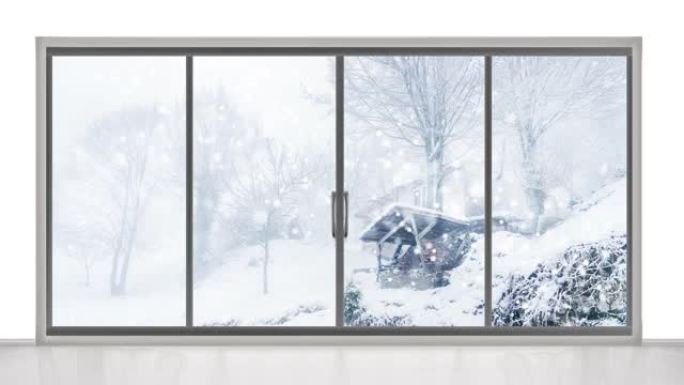 4k视频圣诞场景。美丽的冬季风景窗，飘着雪