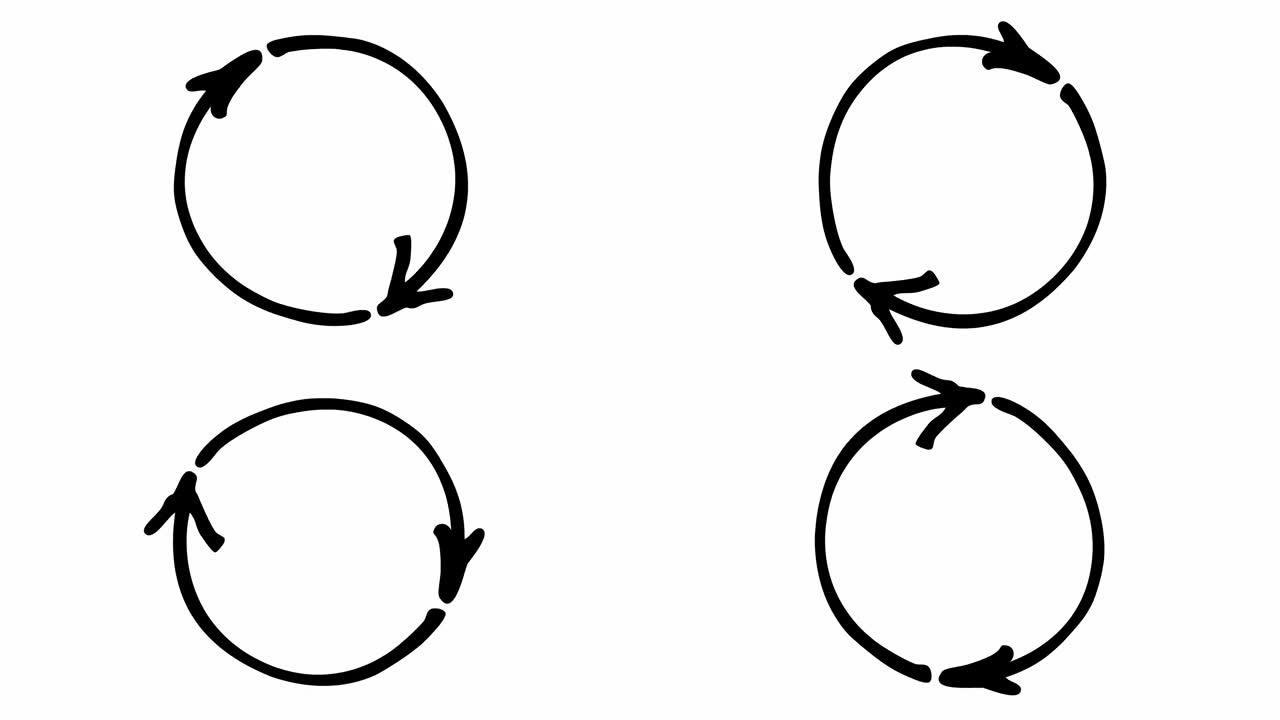 圆形箭头的动画图标。重新加载旋转的黑色符号。循环视频。手绘矢量插图孤立在白色背景上。