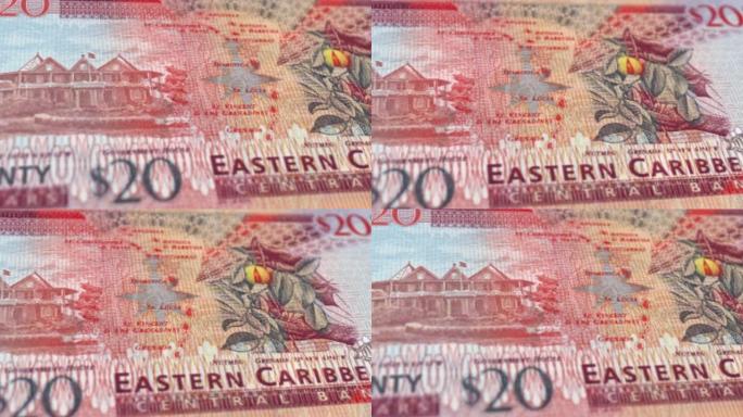 安提瓜和巴布达东加勒比地区20元纸币，20安提瓜元，安提瓜元的特写和宏观视图，跟踪和多利镜头20安提