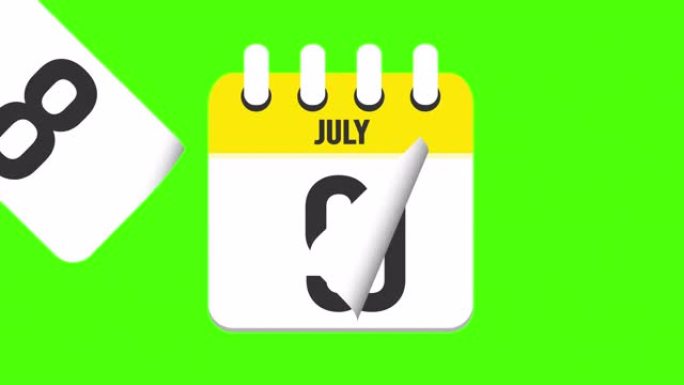 7月14日。日历出现，页面下降到7月14日。绿色背景，色度键 (4k循环)