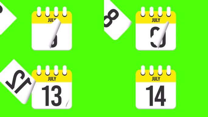 7月14日。日历出现，页面下降到7月14日。绿色背景，色度键 (4k循环)