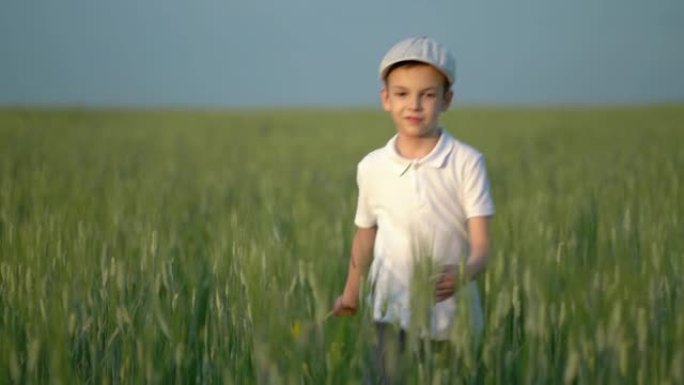 地里的暑假。儿子漫不经心地走在田野里享受着新鲜的空气。自由概念。