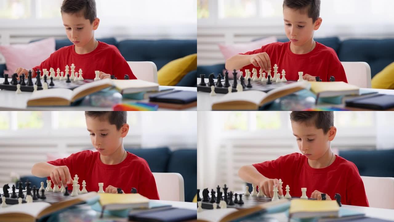 小男孩独自下棋，提高注意力和记忆力，爱好