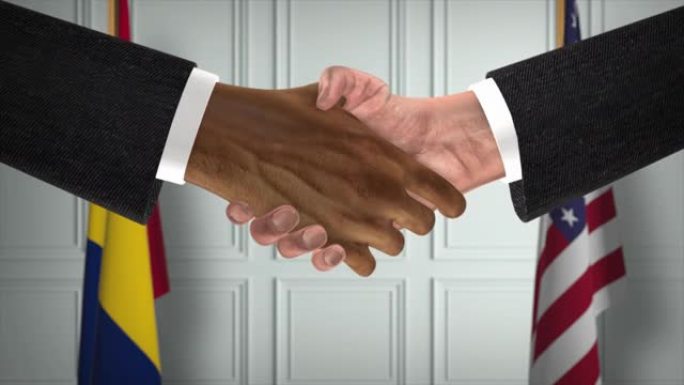 乍得与美国合作商业协议。国家政府旗帜。官方外交握手说明动画。协议商人握手