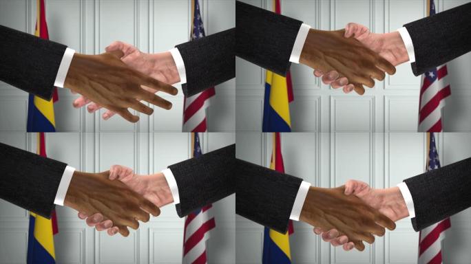 乍得与美国合作商业协议。国家政府旗帜。官方外交握手说明动画。协议商人握手