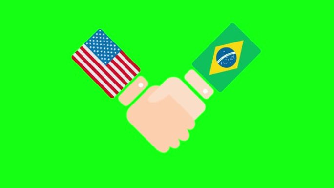 美国(美国)和巴西握手，有关政客会面或合作概念的2D卡通动画，孤立在绿色屏幕背景上