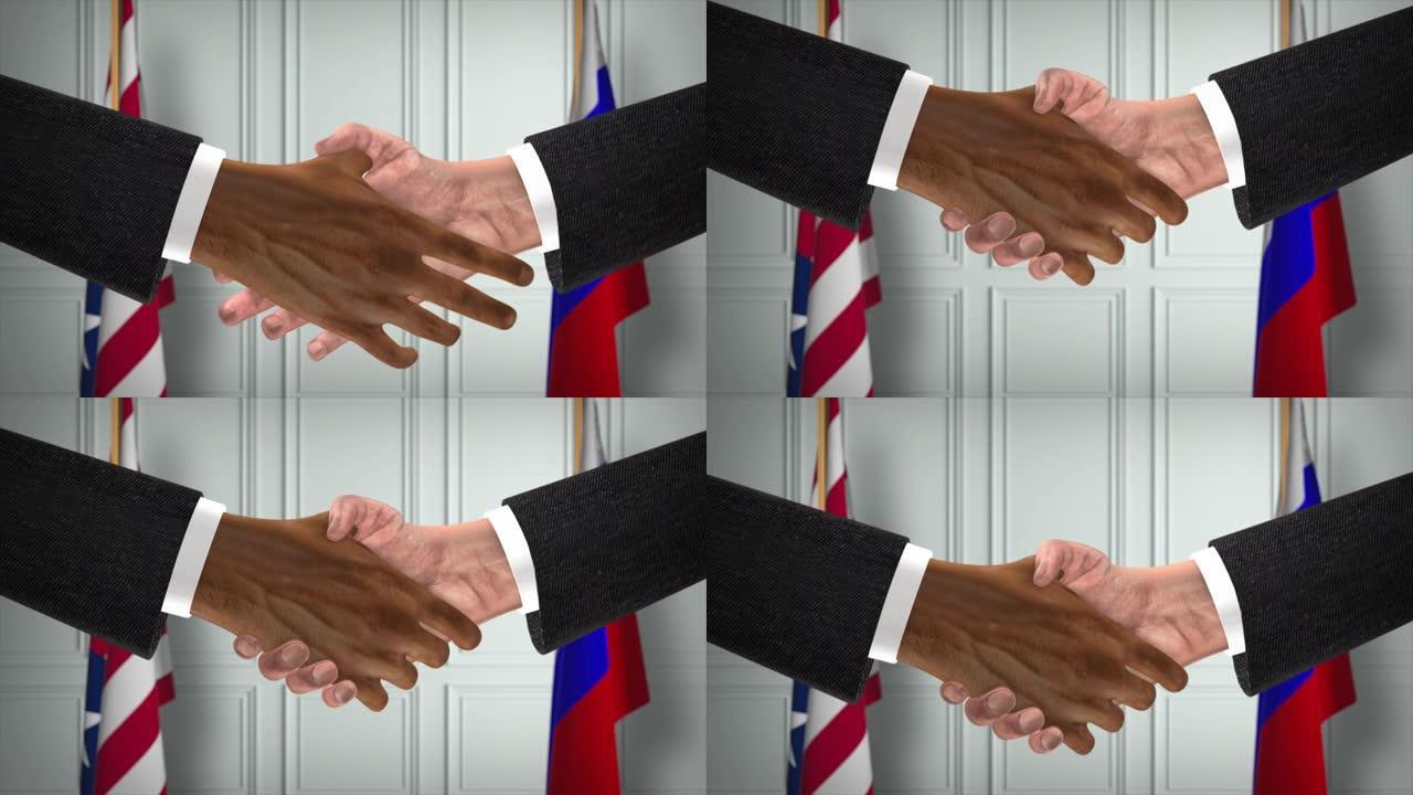利比里亚和俄罗斯达成协议握手，政治例证。正式会议或合作，商务见面。商人和政客握手
