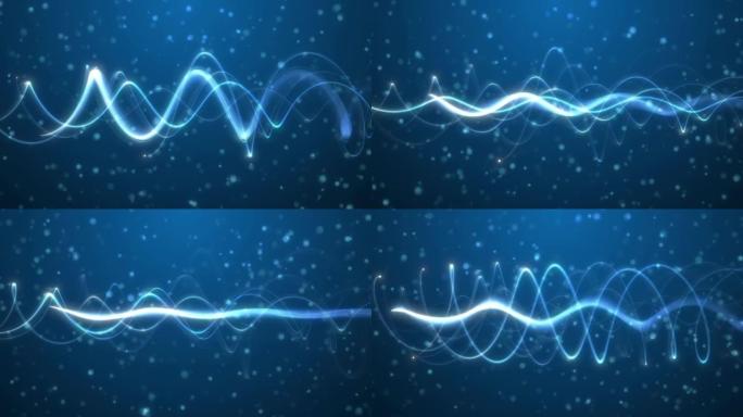 抽象发光线和粒子移动背景，运动粒子线和粒子圆在蓝色梯度背景上移动，博赫飞尘粒子背景