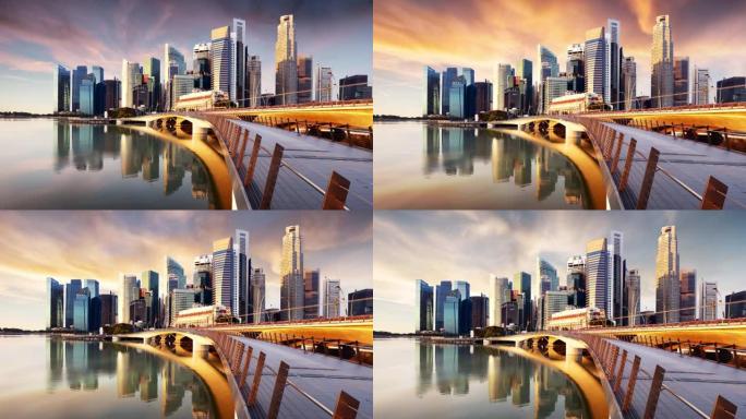 日出时新加坡天际线全景的时间流逝-带有摩天大楼的滨海湾