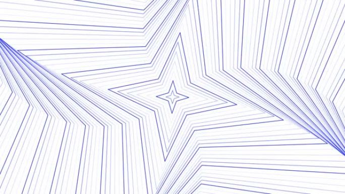 蓝色纤细自旋四角星简单平面几何在白色背景循环。星光灿烂的旋转电波无尽的创意动画。旋转星星无缝运动图形