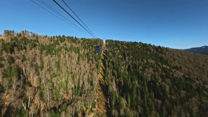 Cabine索道运动索道越过黄松树森林阳光山山谷鸟瞰图