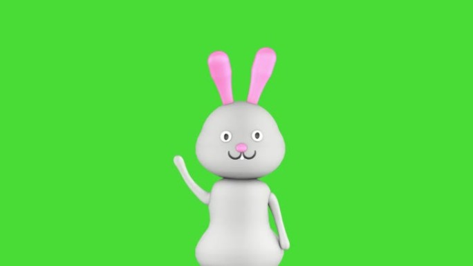 3d可爱的兔子角色在绿色屏幕背景上挥舞着爪子。3D动画。