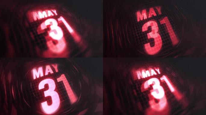 3d运动图形中的5月31日。未来的红外日历和科技发光霓虹灯拍摄，发光二极管纪念等。4k in循环