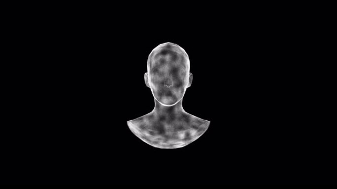 一个男人的3D半身像，一个男人的头和肩膀从一百万个小闪烁粒子在任何背景与阿尔法频道。科学的概念。三维