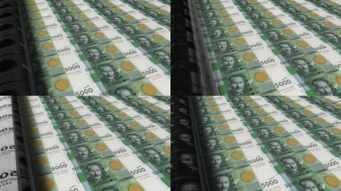 吉尔吉斯斯坦，吉尔吉斯斯坦索姆印刷机打印出当前5000索姆纸币，无缝循环，吉尔吉斯斯坦货币背景，4K